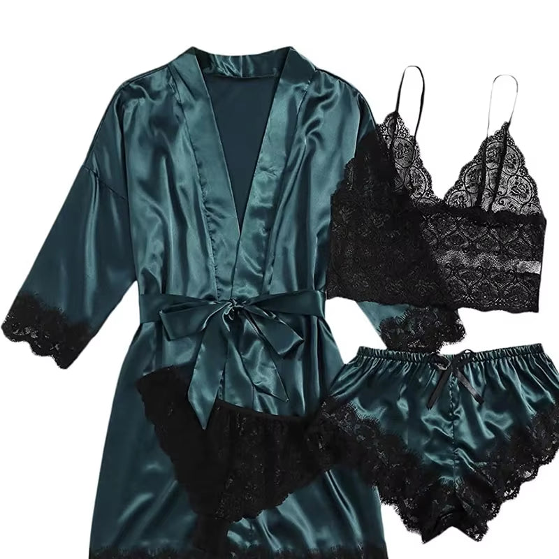 Women’s 4-Piece Lace Pajama Set – Sexy Camisole, Shorts, Robe & Nightgown Sleepwear