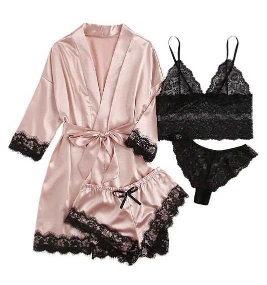 Women’s 4-Piece Lace Pajama Set – Sexy Camisole, Shorts, Robe & Nightgown Sleepwear