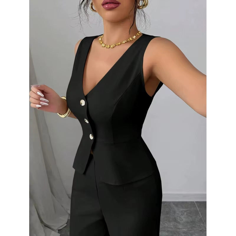 Women’s Slim Vest & High‑Waist Pants Set – Autumn Casual Two‑Piece Outfit