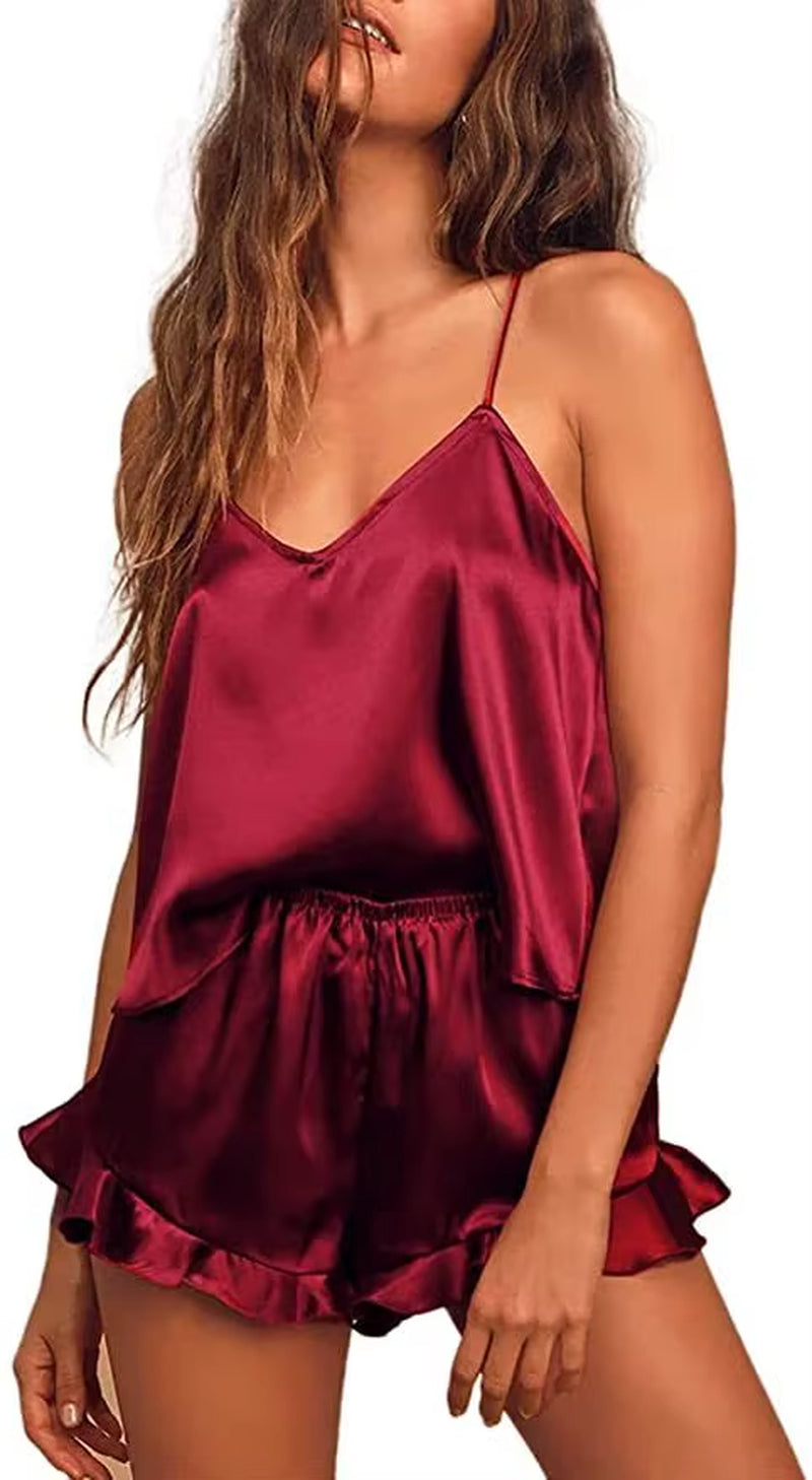 Silk Satin Nightwear Set for Women – V-Neck Camisole & Ruffle Shorts Bridal Loungewear
