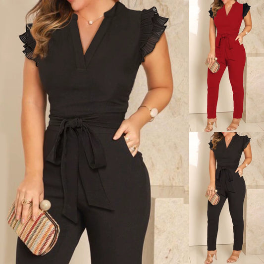 Women’s V‑Neck Pleated‑Sleeve Jumpsuit – Low‑Waist Pencil‑Leg Street Style