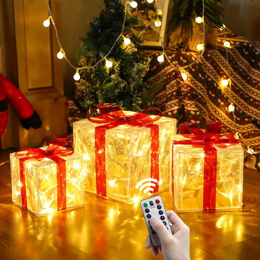 Lighted Christmas Gift Boxes Set of 3 – Remote Control & Timer, Indoor/Outdoor Holiday Decor