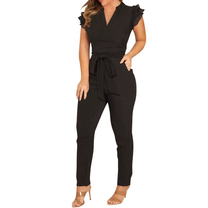 Women’s V‑Neck Pleated‑Sleeve Jumpsuit – Low‑Waist Pencil‑Leg Street Style