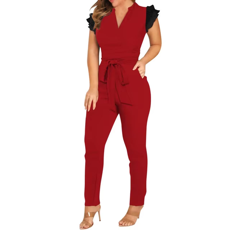 Women’s V‑Neck Pleated‑Sleeve Jumpsuit – Low‑Waist Pencil‑Leg Street Style