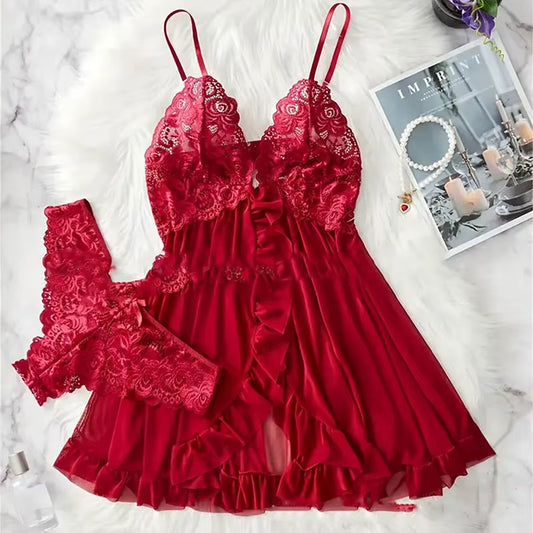 2-Piece Sexy Lingerie Set – Deep V Slip Dress & Thong | Lace Transparent Nightdress for Women