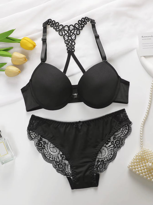 Ladies' Black Red Blue with Steel Rims Front Buckle Beautiful Back Pull Up Bra Underwear Set – A2128