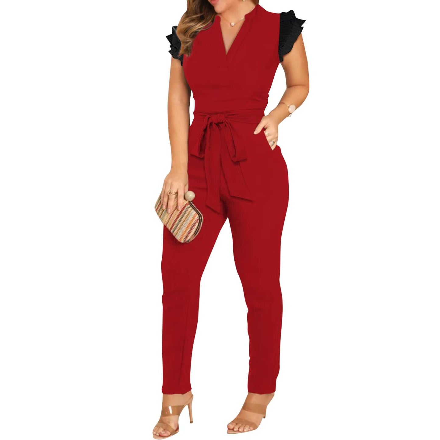 Women’s V‑Neck Pleated‑Sleeve Jumpsuit – Low‑Waist Pencil‑Leg Street Style