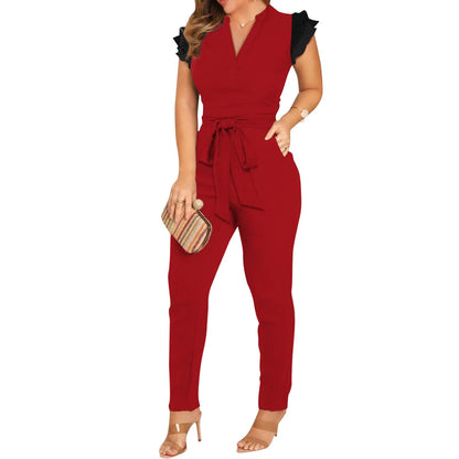Women’s V‑Neck Pleated‑Sleeve Jumpsuit – Low‑Waist Pencil‑Leg Street Style