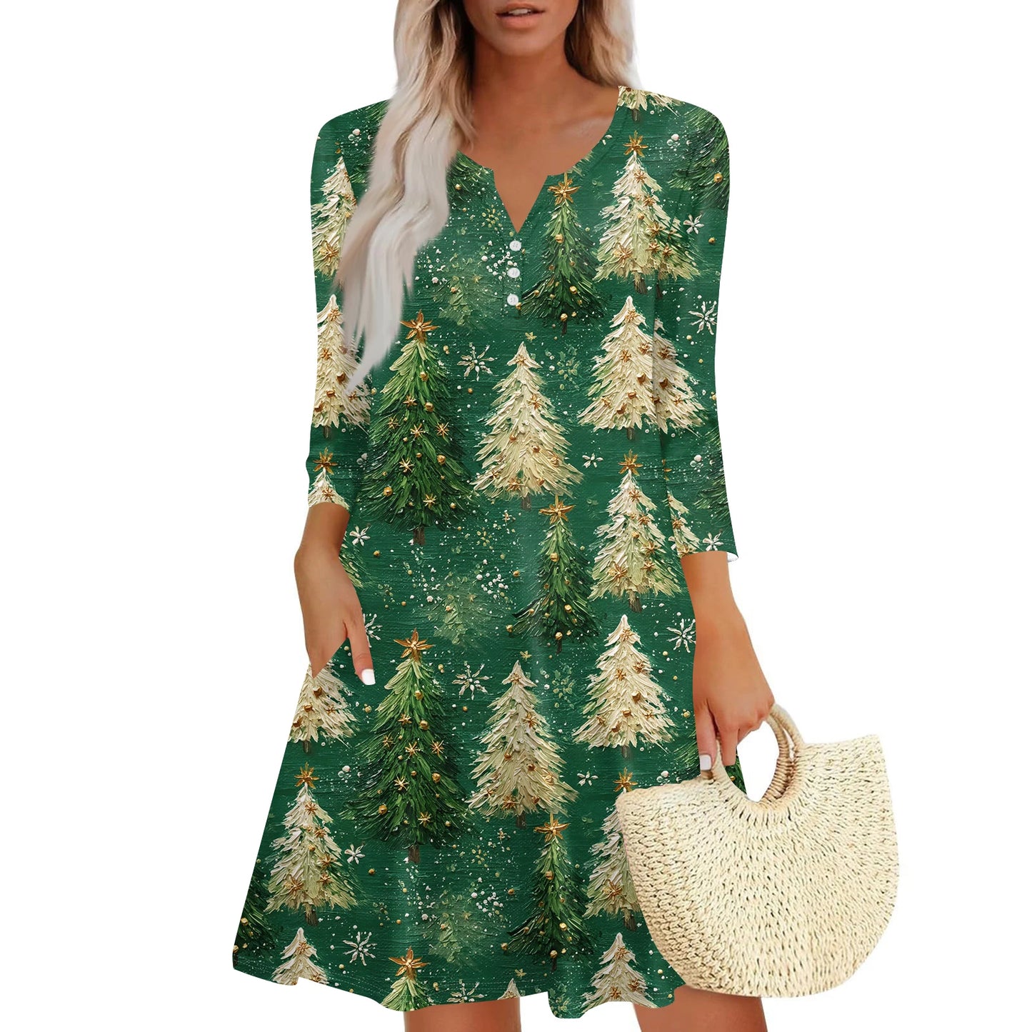 Women’s Christmas Printed V-Neck Dress with Buttons & Pockets – Holiday Fashion Long Sleeve Dress