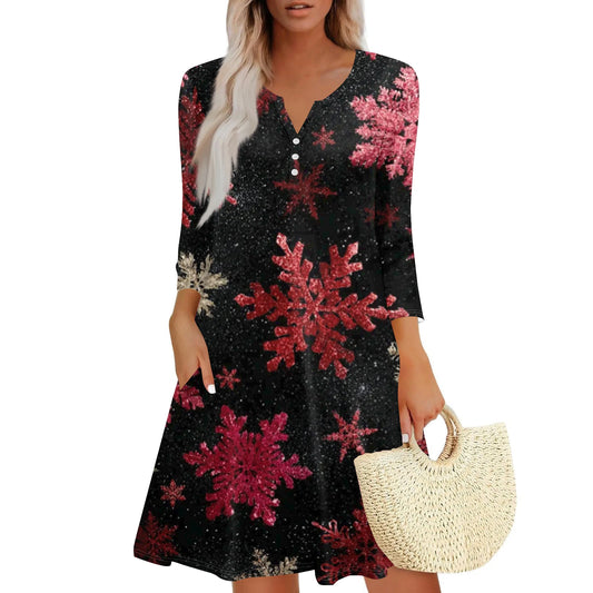 Women’s Christmas Printed V-Neck Dress with Buttons & Pockets – Holiday Fashion Long Sleeve Dress