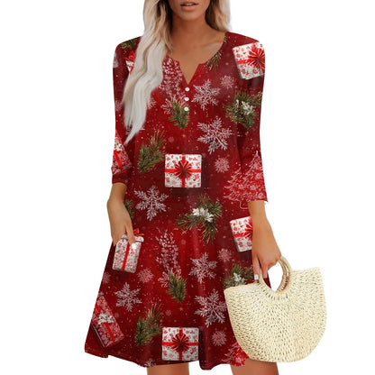 Women’s Christmas Printed V-Neck Dress with Buttons & Pockets – Holiday Fashion Long Sleeve Dress
