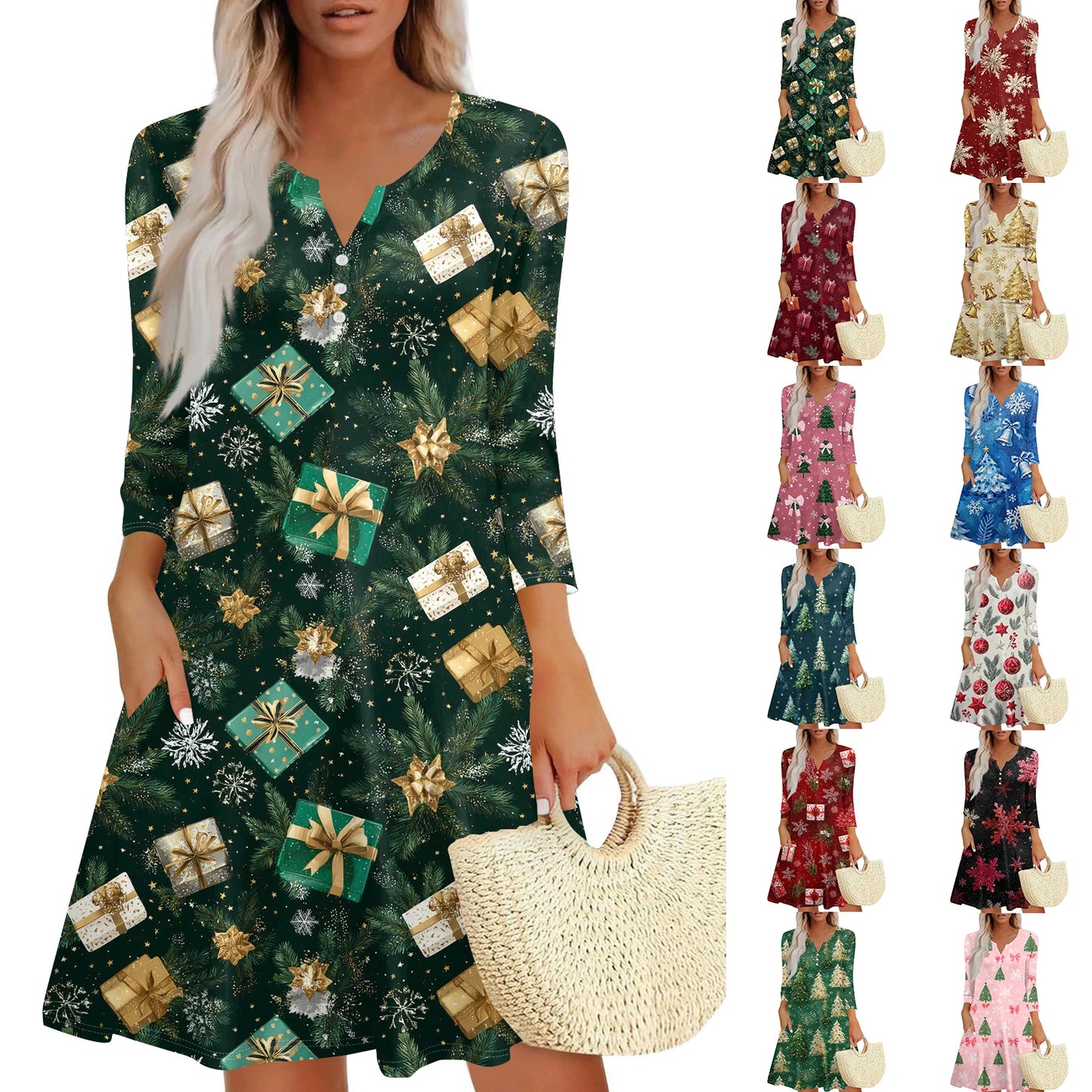 Women’s Christmas Printed V-Neck Dress with Buttons & Pockets – Holiday Fashion Long Sleeve Dress