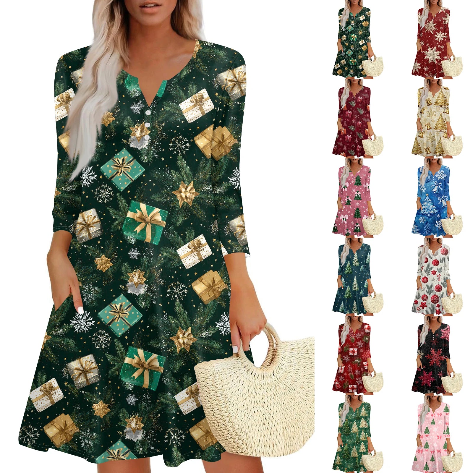 Women’s Christmas Printed V-Neck Dress with Buttons & Pockets – Holiday Fashion Long Sleeve Dress