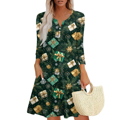 Women’s Christmas Printed V-Neck Dress with Buttons & Pockets – Holiday Fashion Long Sleeve Dress