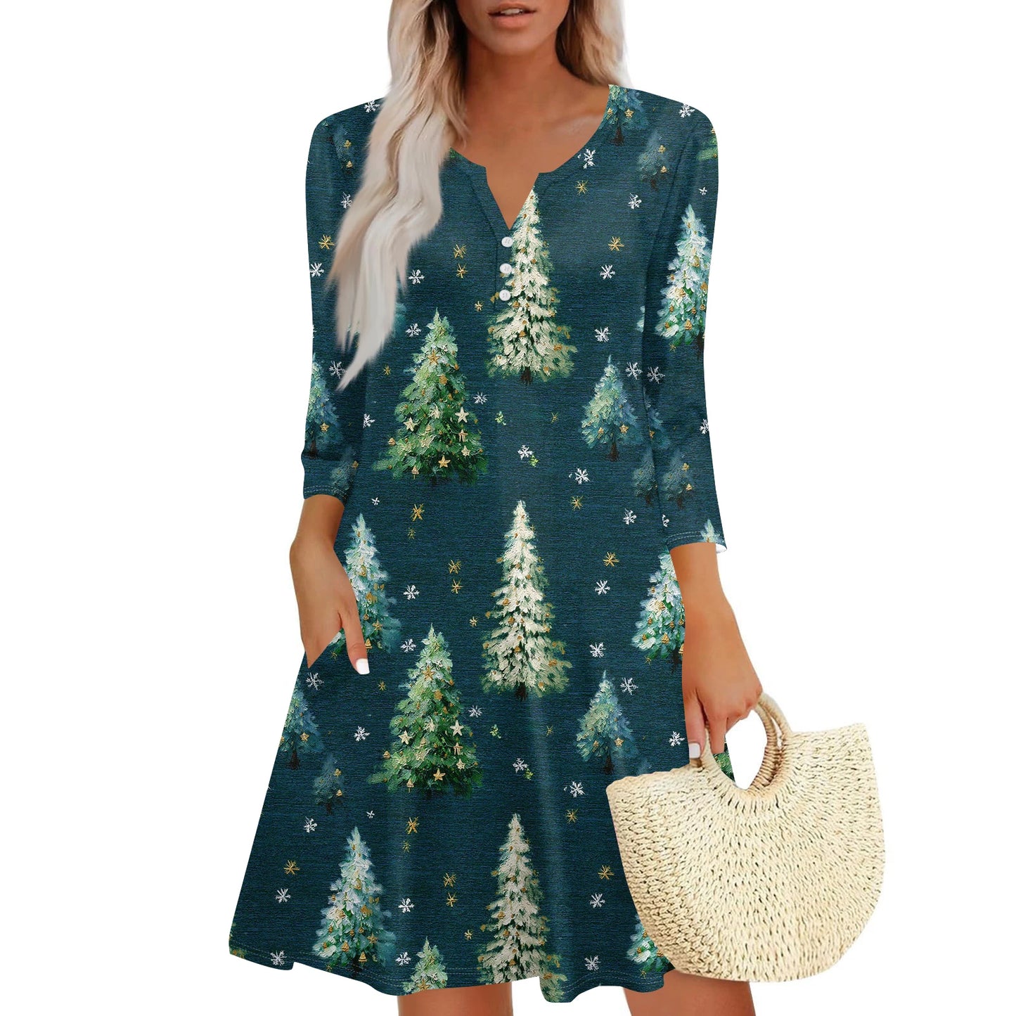 Women’s Christmas Printed V-Neck Dress with Buttons & Pockets – Holiday Fashion Long Sleeve Dress