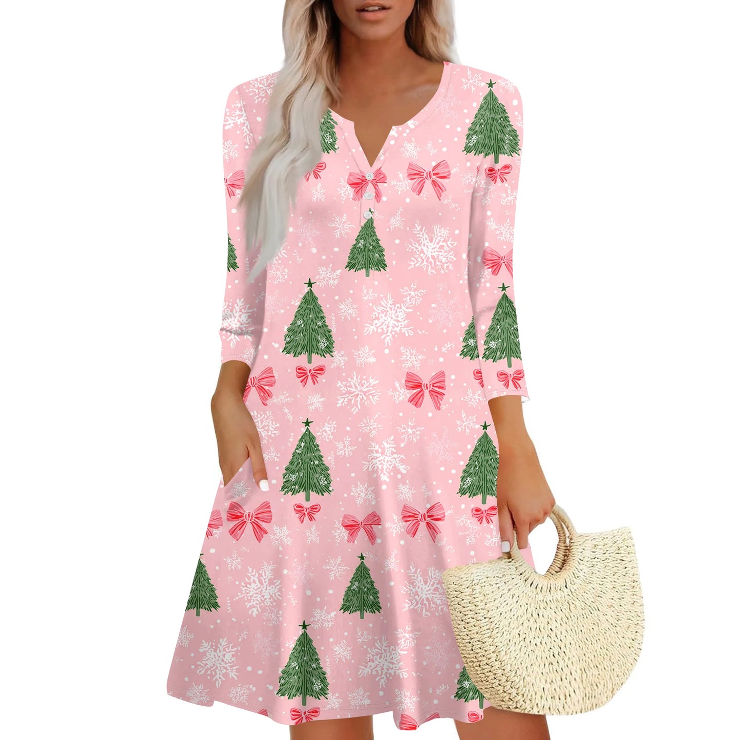 Women’s Christmas Printed V-Neck Dress with Buttons & Pockets – Holiday Fashion Long Sleeve Dress