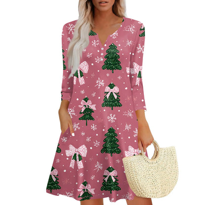 Women’s Christmas Printed V-Neck Dress with Buttons & Pockets – Holiday Fashion Long Sleeve Dress
