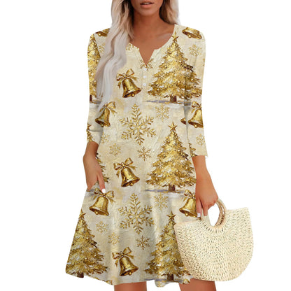 Women’s Christmas Printed V-Neck Dress with Buttons & Pockets – Holiday Fashion Long Sleeve Dress