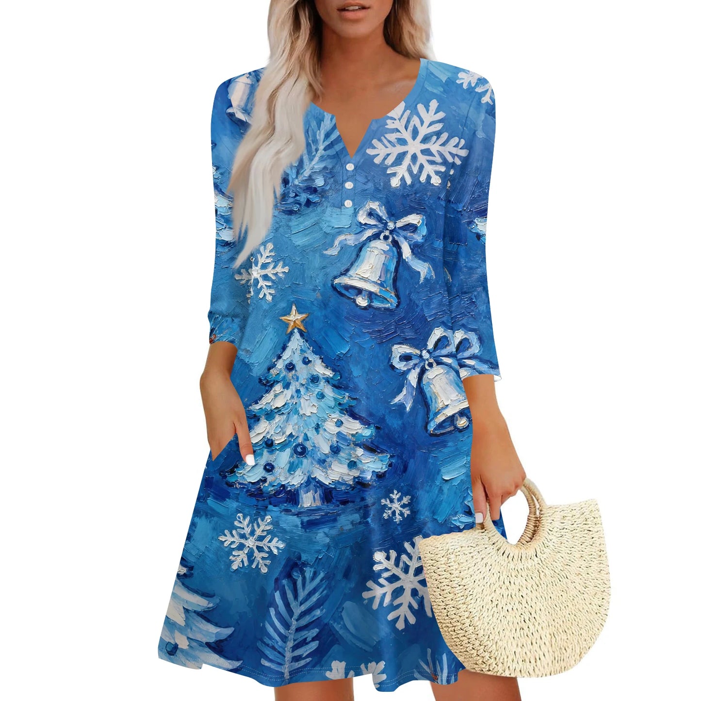 Women’s Christmas Printed V-Neck Dress with Buttons & Pockets – Holiday Fashion Long Sleeve Dress