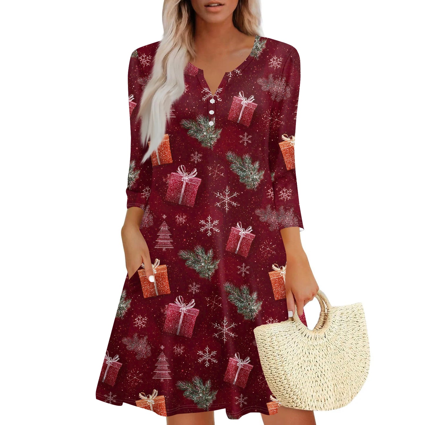Women’s Christmas Printed V-Neck Dress with Buttons & Pockets – Holiday Fashion Long Sleeve Dress