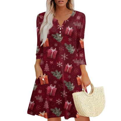 Women’s Christmas Printed V-Neck Dress with Buttons & Pockets – Holiday Fashion Long Sleeve Dress