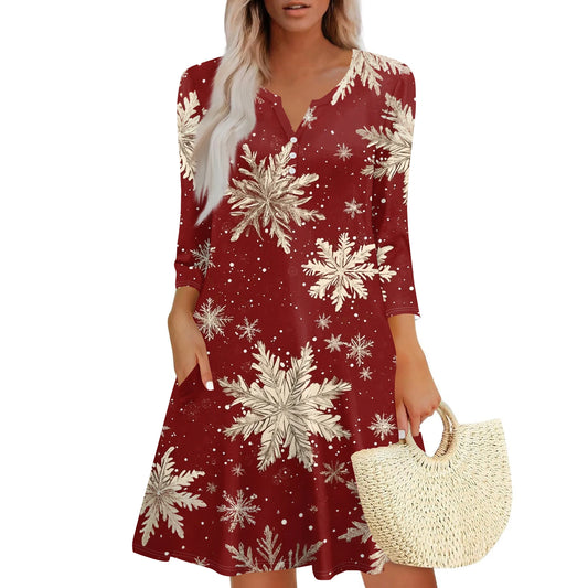 Women’s Christmas Printed V-Neck Dress with Buttons & Pockets – Holiday Fashion Long Sleeve Dress