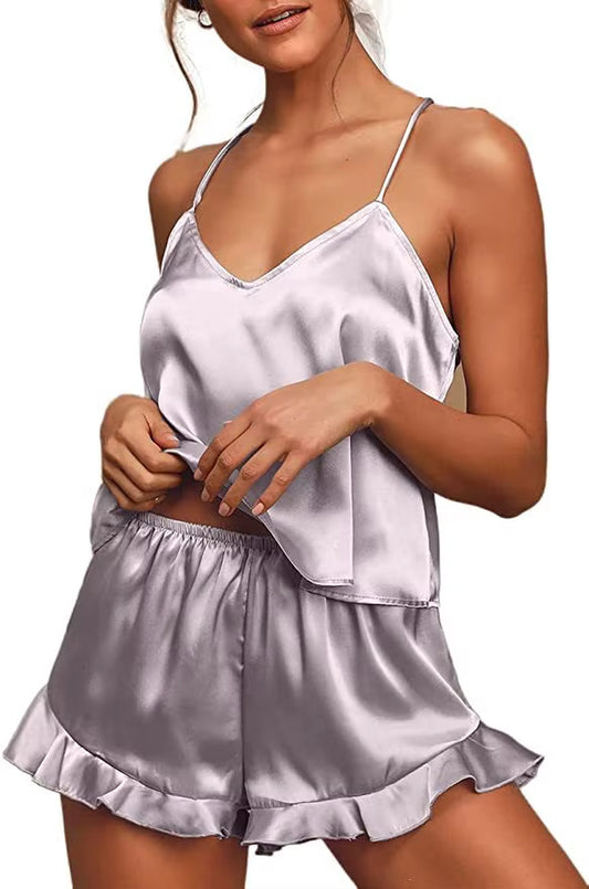 Silk Satin Nightwear Set for Women – V-Neck Camisole & Ruffle Shorts Bridal Loungewear