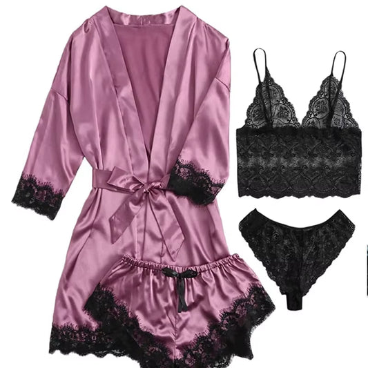 Women’s 4-Piece Lace Pajama Set – Sexy Camisole, Shorts, Robe & Nightgown Sleepwear